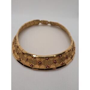 RARE! Vintage Gold BOUCHER Signed Red Rhinestone Flower Choker 16" & Extender